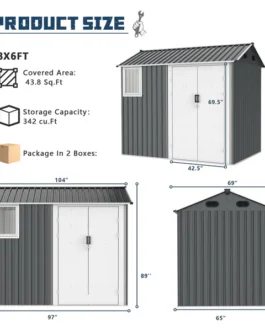 8×6 ft Metal Storage Shed with Double Hinged Doors